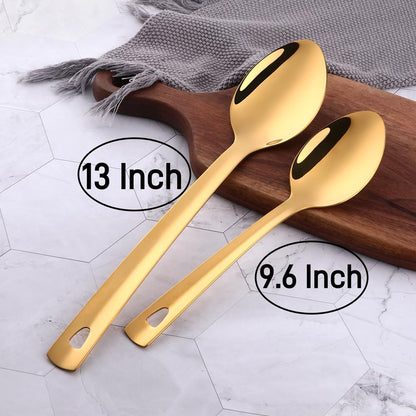 BOOTLION 13-Inch Serving Spoons Set of 4, Stainless Steel Buffet Banquet Spoon，Gold Long Handle Serving Spoons for Catering, Kitchen Dishwasher safe