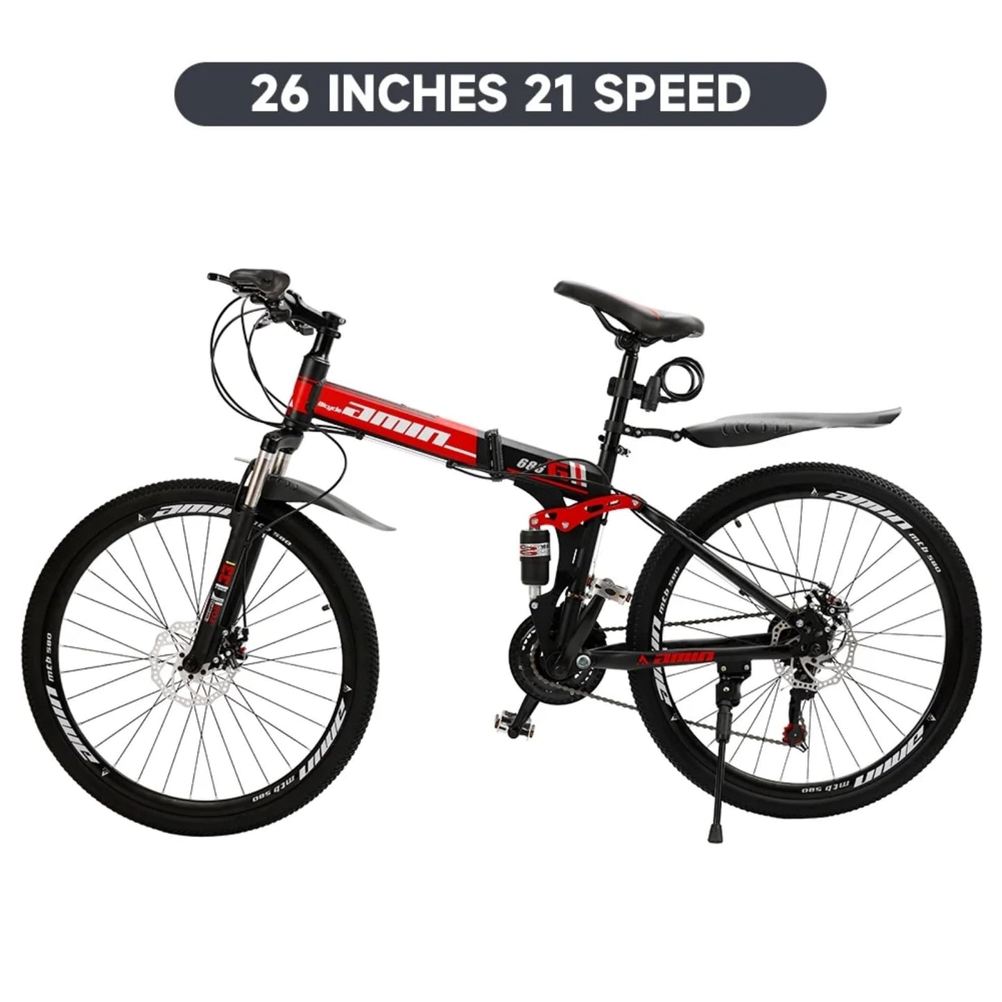 Bruce & Shark 26" Folding Mountain Bike for Men, 21 Speeds Full Suspension Commuter Bicycle, High Carbon Steel & Disc Brakes, Portable City Outdoor Bike for Adult Youth Teen