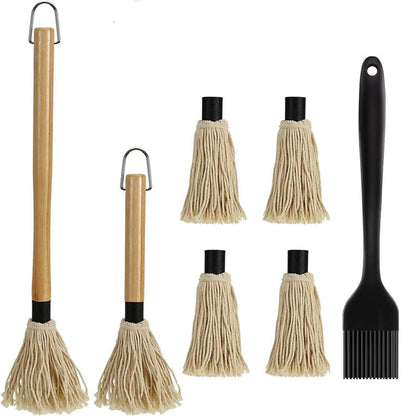 Basting Mops Brush Set for BBQ Grilling 15.5" & 11.2" - Detachable Wooden Handle Sauce Brushes with 4pcs Extra Replacement Heads & 1 Silicone Brush - BBQ Mop for Outdoor Cooking, Camping