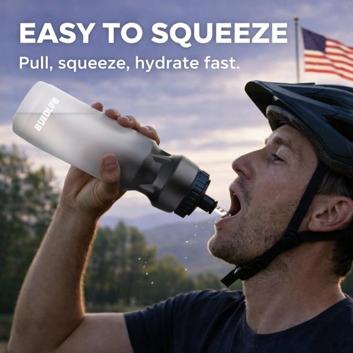 Hockey Water Bottle with Long Straw -32 OZ Squeeze Sports Lacrosse Water Bottles 2 Pack with 2 Lids Each(Straw and Squeeze),for Helmet Hockey,Boxing,BPA Free,Dishwash Safe(Black Blue+Black White)