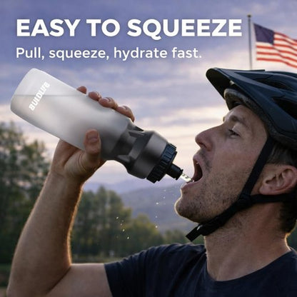 Hockey Water Bottle with Long Straw -32 OZ Squeeze Sports Lacrosse Water Bottles 2 Pack with 2 Lids Each(Straw and Squeeze),for Helmet Hockey,Boxing,BPA Free,Dishwash Safe(Black Blue+Black White)