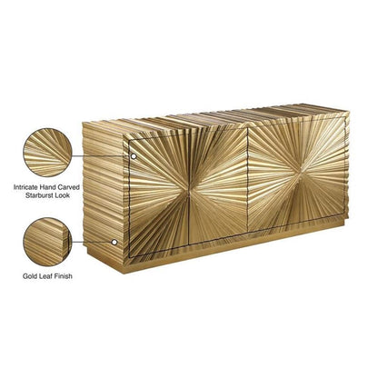 Meridian Furniture Golda Collection Modern | Contemporary Gold Leaf Sideboard/Buffet with Intricate Hand Carved Starburst Design, 66" W x 18" D x 31" H