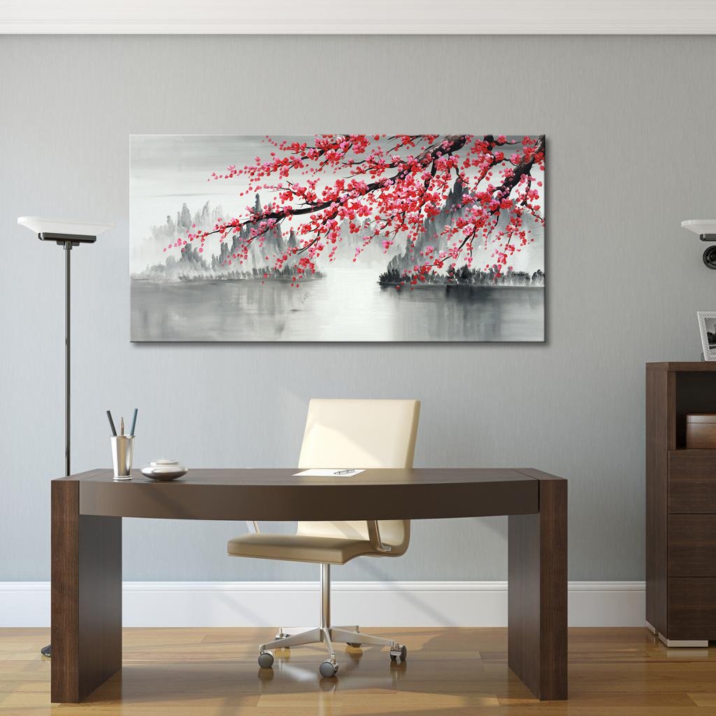 Handmade Traditional Chinese Oil Painting Pink Plum Blossom Canvas Wall Art Modern Black and White Landscape Artwork