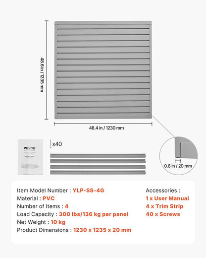 VEVOR Slat Wall Paneling, 4 x 4 ft, PVC Garage Slatwall with Modular Design, Grey Slat Wall Easy-to-Install Adjustable Slatwall Panel with Coupling Structure & DIY Cutting, Fits for Storage & Display