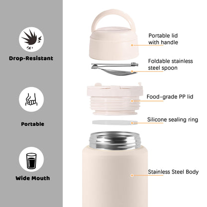 Thermo for Hot & Cold Food, 25oz Insulated Food Jar with Handle Spoon, Thermal Lunch Container, 316 Stainless Steel Lunch Box for Men Women, Keeps food Hot for 12 Hours or Cold for 24 Hours(White)