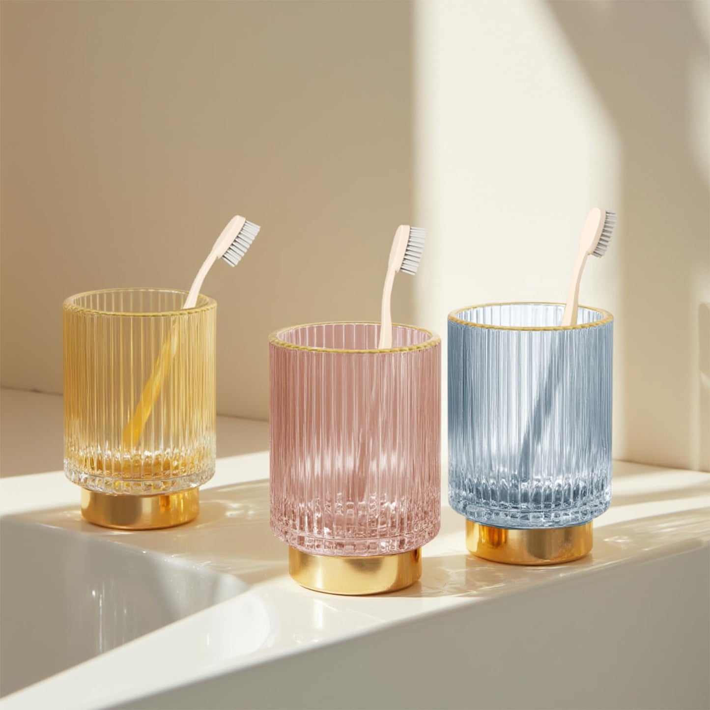 FullMeet Makeup Brush holder Organizer, Crystal Glass Toothbrush Holders, Striped Make Up Brush Holder for Vanity, Pen Holder for Desk, Vase -Pink (S+L)
