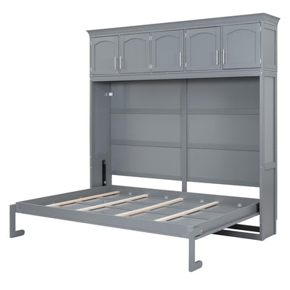YOPTO Full Size Murphy Bed Cabinet,Folding Wall Bed Frame with Top Storage Lockers,Hidden Platform Bed Chest W/Wood Slats Support,Space-Saving,Easy Assembly,for Bedroom,Guest Room,Home,Office,Gray