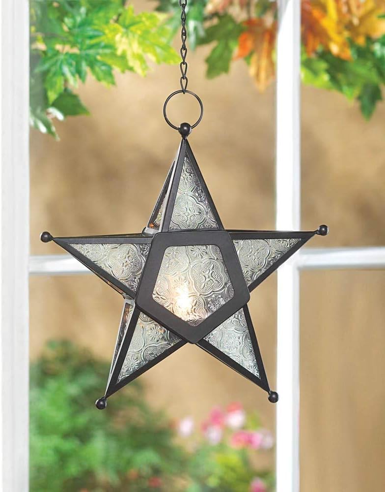 Zings & Thingz Beautiful Hanging Star Candle Lantern, 9.5" Tall, Clear Glass