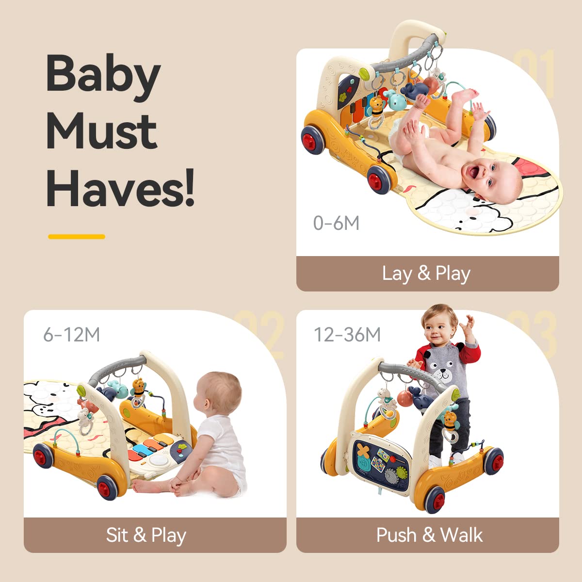 4 in 1 Baby Play Mat Activity Gym,Baby Kick and Play Piano Tummy Time Mat,Musical Learning Push Walker with Light up Interactive Toys Gift for Babies 0-6-12 Months Infant Boys Girls Newborn