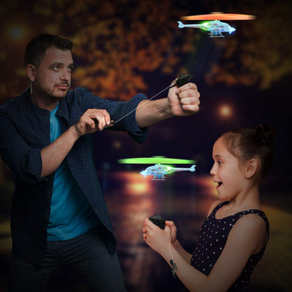 ArtCreativity Light Up Flying Helicopter Toys for Kids – Set of 2 with LED Lights, Handheld Launcher, Soars Over 8 Feet – Outdoor Indoor Party Favors, Birthday Gifts for Boys & Girls Ages 3+