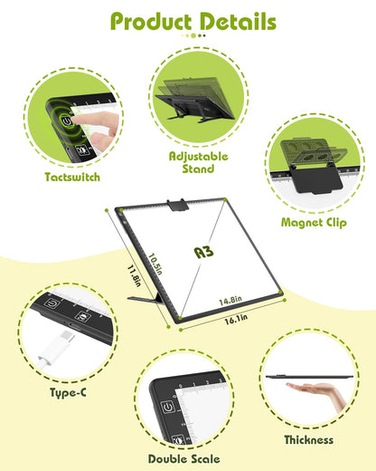 A3 Light Board Diamond Painting, Rechargeable Battery Light Box Tracing, Diamond Art Light Board with Stand and Clip, for Drawing, Sketching, Animation