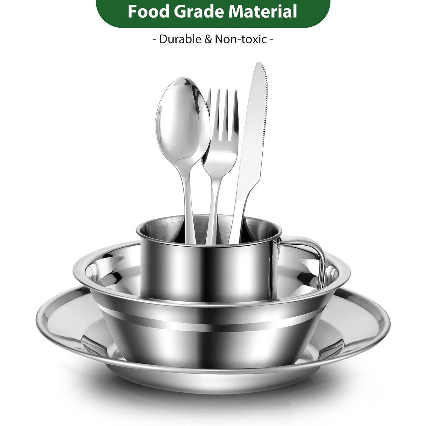 Odoland 29pcs Stainless Steel Utensils Camping Mess Kits with Bowls Plates Cups Forks Spoons and Knives for 4, Camping Cutlery Set for Backpacking, Outdoor Hiking and Picnic