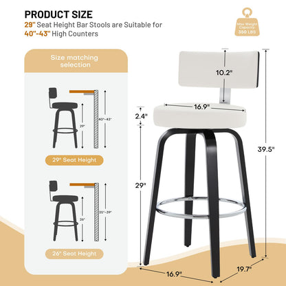 WOOW DEPOT Swivel Counter Height Bar Stools Set of 3, 29" Upholstered Faux Leather Barstools with Back, Mid Century Modern Counter Stools with Black Walnut Wood Legs for Kitchen Island, White