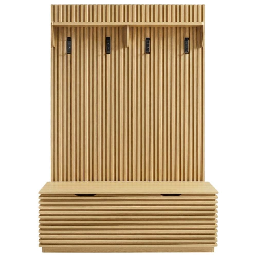 Furnifact Fluted-Panel Hall Tree with Storage Bench and Coat Rack, Entryway Bench with Hooks and Shoe Storage for Mudroom or Foyer, Oak