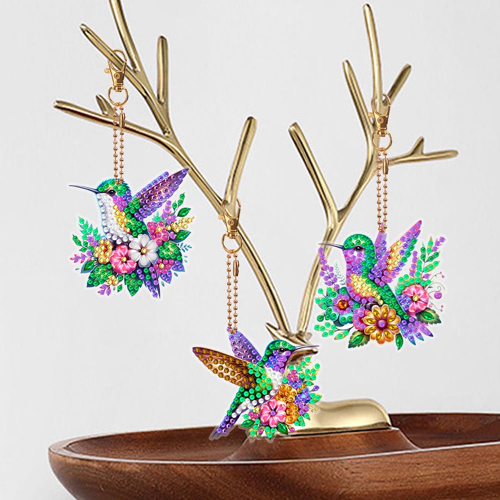 6 Pcs Diamond Painting Keyrings Set Hummingbird, Painting by Number Gem Keychains Kits for Adults, Hanging Ornaments Rhinestones Bookmarks 5D Key Rings for DIY Crafts Home Party Decor