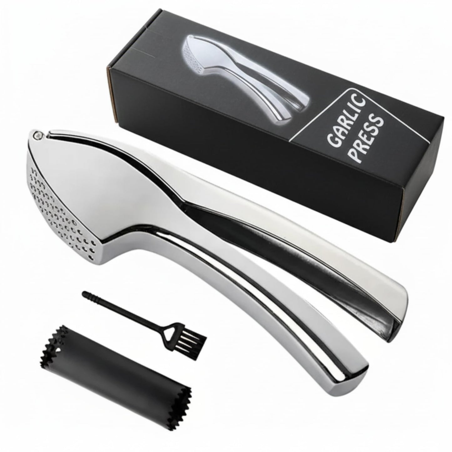 Garlic Press, Garlic Peeler and Cleaning Brush as 1 Set, Heavy Duty and Rust Proof Garlic Press Made of 304 Stainless Steel for Home and Kitchen Tools, Easy to Use & Dishwasher Safe
