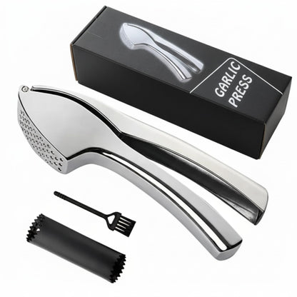 Garlic Press, Garlic Peeler and Cleaning Brush as 1 Set, Heavy Duty and Rust Proof Garlic Press Made of 304 Stainless Steel for Home and Kitchen Tools, Easy to Use & Dishwasher Safe