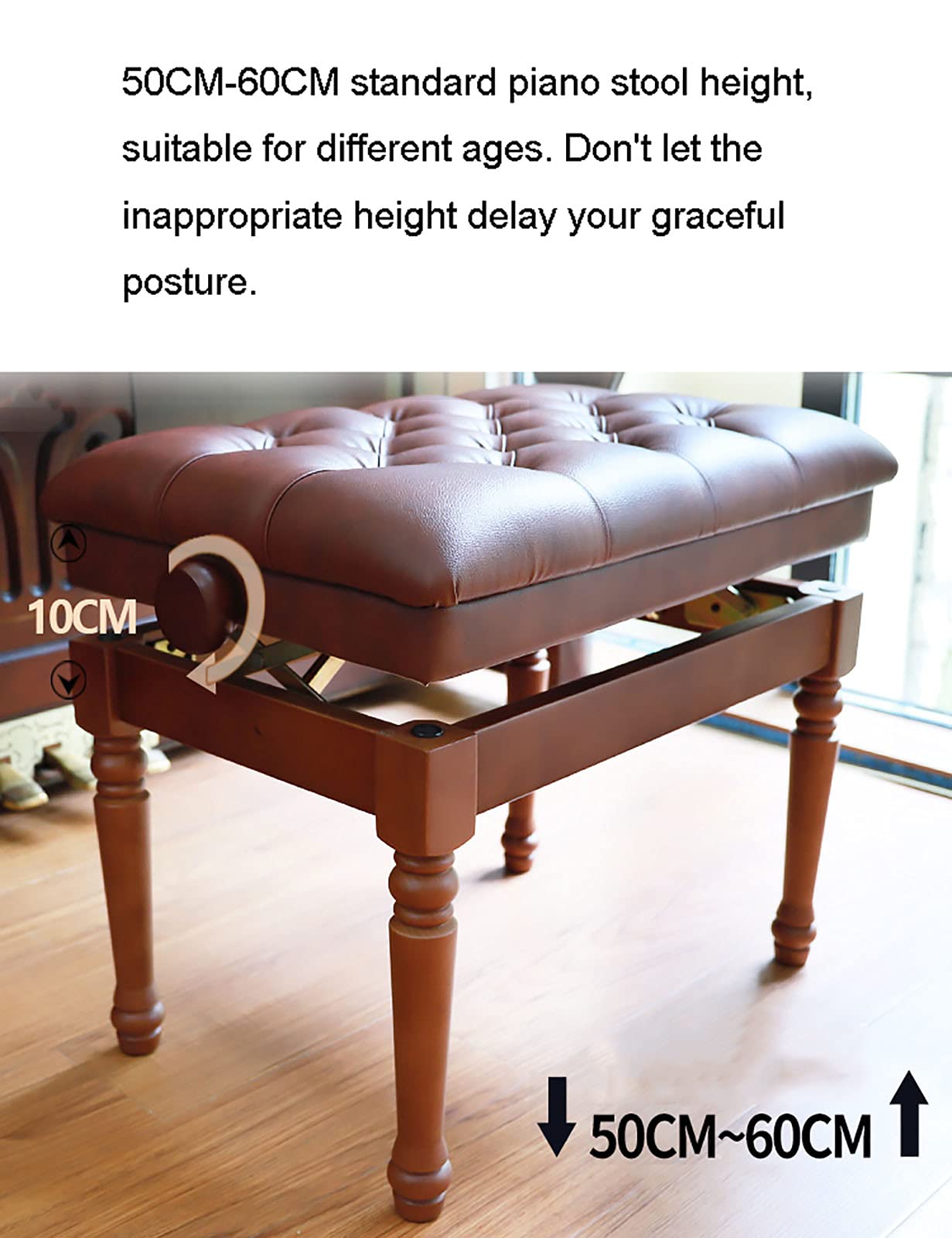 Sofa Bench Stool - Modern Leather Piano Bench for Keyboard Vanity | Walnut Finish, Adjustable Height | Stylish & Versatile Design for Home & Studio Use,Walnut