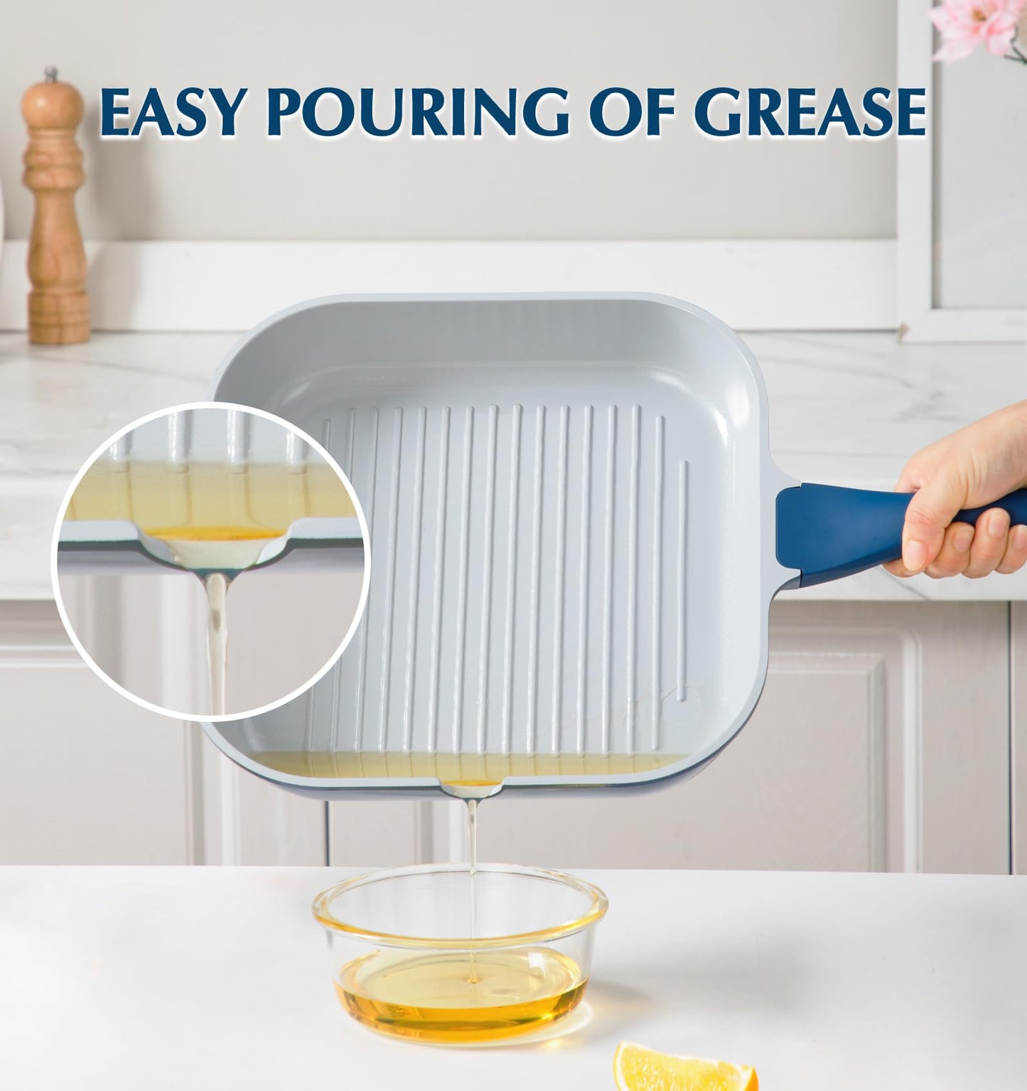 KOCH SYSTEME CS 11 Inch Nonstick Grill Pan for Stove Tops, Square Pan with Pour Spouts, Square Frying Pan for Indoor Cooking, Grill Skillet with Bakelite Handle, PTFE & PFOA Free, Blue