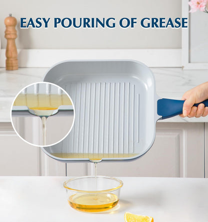 KOCH SYSTEME CS 11 Inch Nonstick Grill Pan for Stove Tops, Square Pan with Pour Spouts, Square Frying Pan for Indoor Cooking, Grill Skillet with Bakelite Handle, PTFE & PFOA Free, Blue