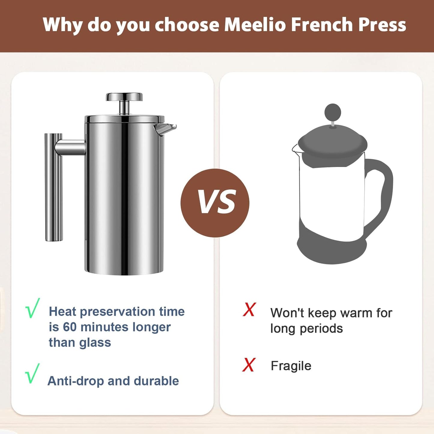 French Press Coffee Maker, 34oz Double-Wall Insulated Stainless Steel, 1L, Includes 2 Extra Screens and 1 Coffee Spoon
