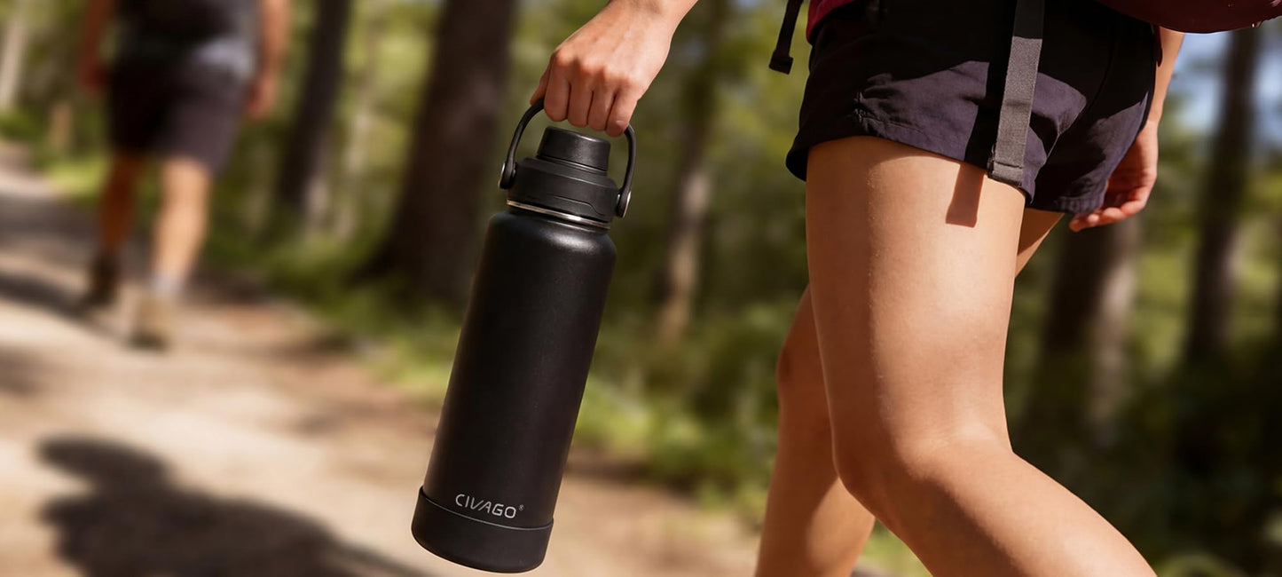 CIVAGO 32 oz Insulated Stainless Steel Water Bottle with Detachable Straw, Large Metal Water Jug with Bucket Handle, Leakproof Sports Water Flask with Silicone Boot for Travel, Dishwasher Safe, Black