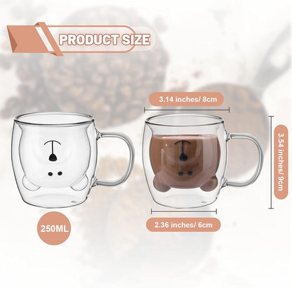 Patelai Cute Bear Tea Cup, Double Wall Glass Milk Coffee Mug with Handle, Insulated Birthday Gift for Women Men (White)