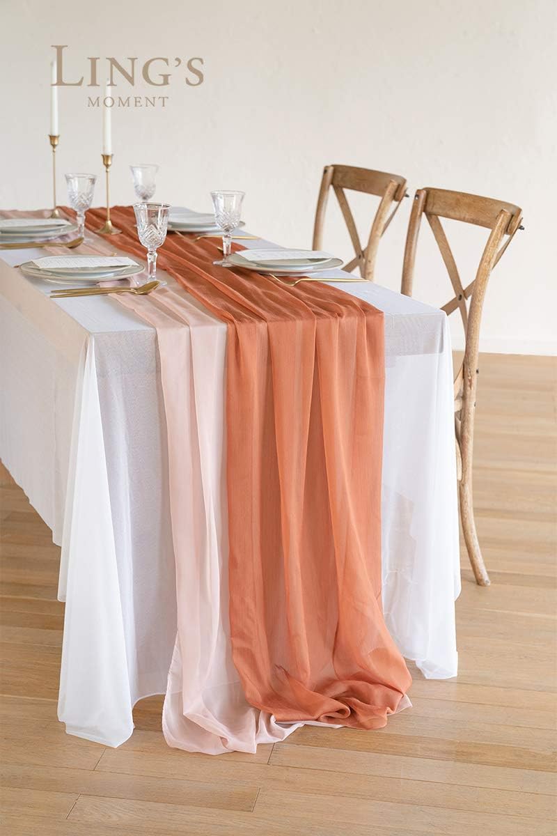 Ling's Moment Terracotta & Nude Pink Silky Crinkle Chiffon Table Runner 30" x 120" (Set of 2) Burnt Orange for Wedding