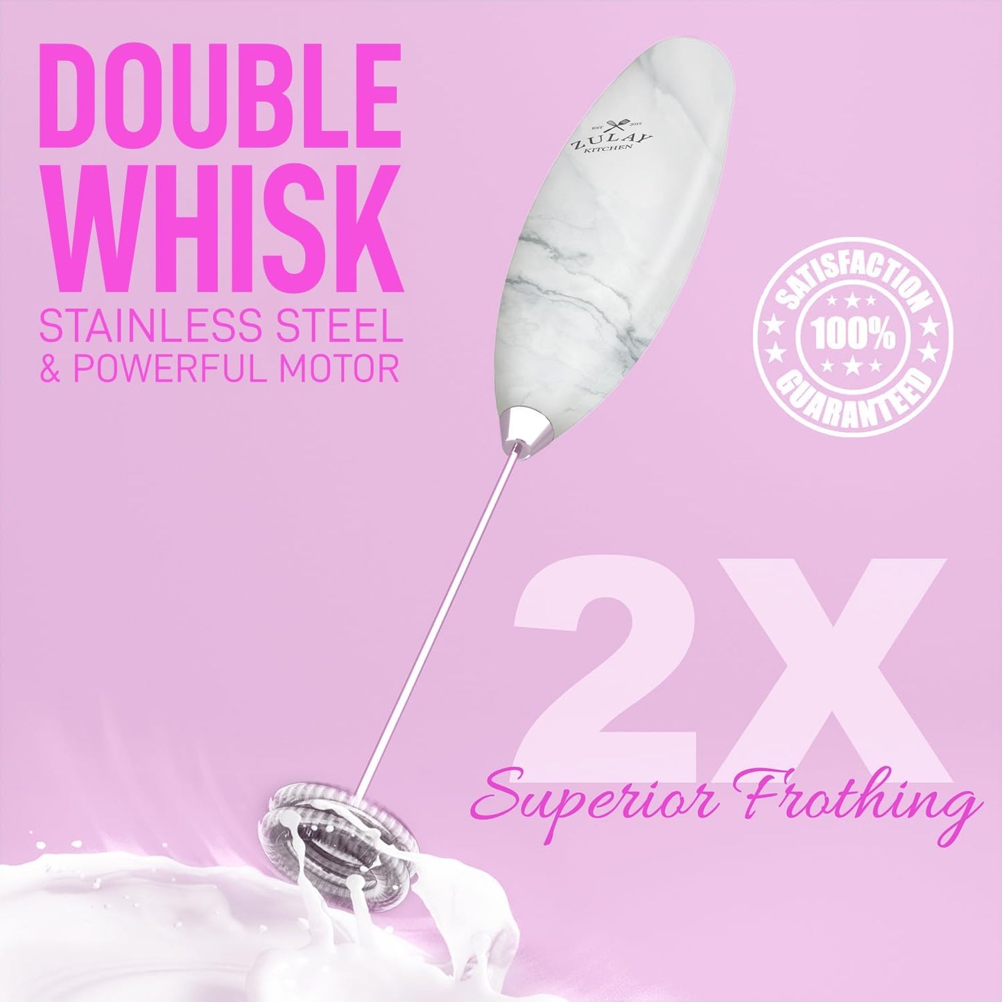 Zulay Kitchen Powerful Double Whisk Milk Frother Handheld - Foam Maker with Stand - Whisk Drink Mixer for Coffee, Mini