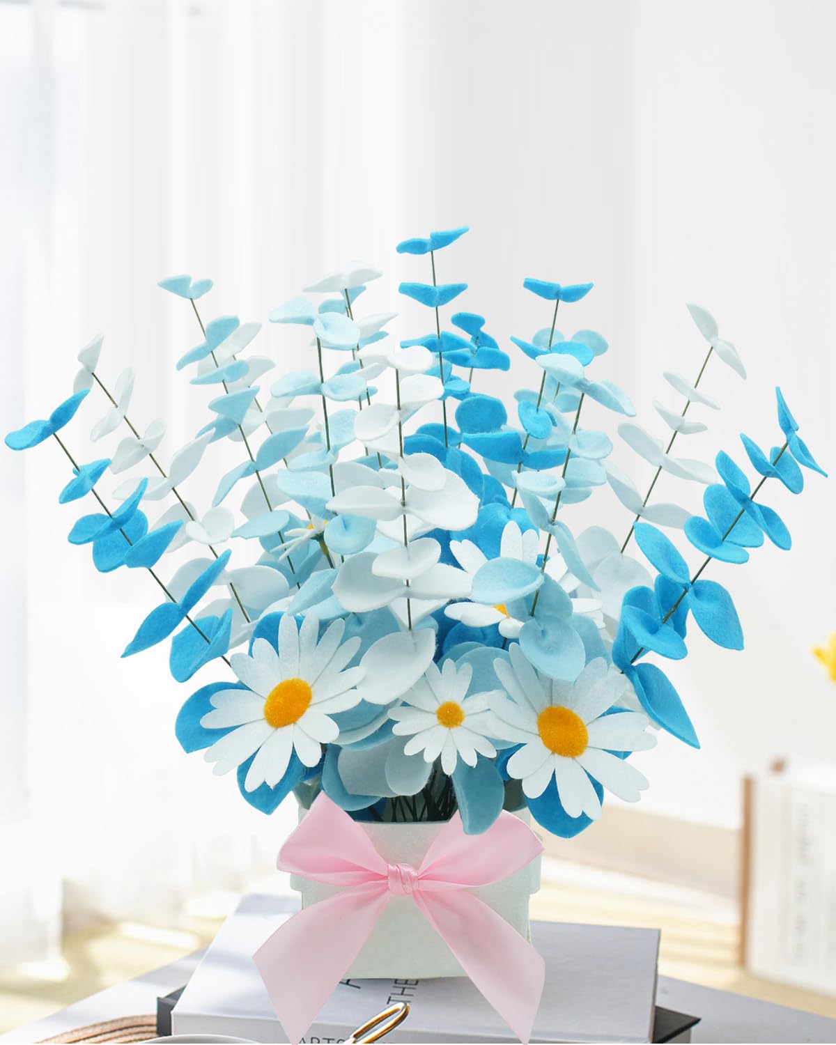 BAZIMA Felt Eucalyptus Daisy Bouquet,Felt Flowers,Multi-Color Felt Leaves,DIY Bouquet,Artificial Flower Bouquet with Flower Pot,Floral Gifts,15 Eucalyptus and 8 Daisies kit(White and Blue)