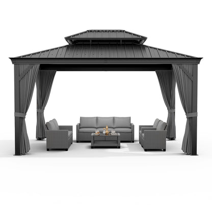 12'x14' Hardtop Gazebo, Heavy Duty Aluminum Permanent Hardtop Gazebo Outdoor Pavilion with Curtains and Netting for Garden