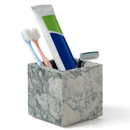 Real Luxurious Natural Marble Toothbrush Holder & Makeup Brush Organizer & Pen Holder for Desk,3.93inch Square Marble Utensil Holder Non-Ceramic/Non-Resin （Cyan Green）