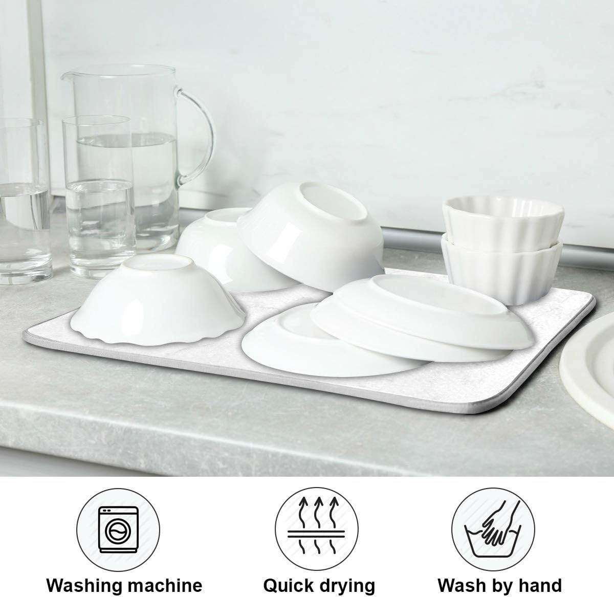 White Marble Dish Drying Mat for Kitchen, Easy Clean Dishwasher Safe Heat Resistant Eco-Friendly Countertop Mat, 16 x