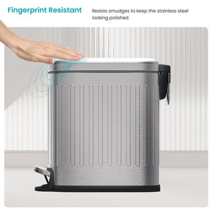 Home Zone Living 1.3 Gallon Small Trash Can with a Lid and Step Pedal, Stainless Steel with Slim Ribbed Design for Home and Office, Silver, 5 Liters