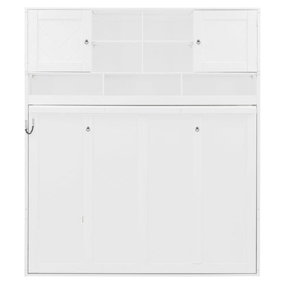 Merax Queen Size Murphy Bed Wall Bed with Top Storage Cabinets and Shelves, Fold into The Wall, Space-Saving Design, White Foldable Platform Bed Frame with Chevron Stripes, for Bedroom, Guest Room