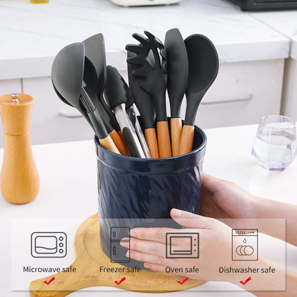 KOOV Kitchen Utensil Holder, Large Ceramic Utensil Crock, Deep and Stable, Utensils Caddy Texture Series (Dark Blue)