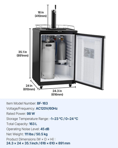VEVOR Beer Kegerator, Single Tap Commercial Draft Beer Dispenser for D system, Full Size Keg Refrigerator with 5lbs CO2 Tank, Hold 2 Sixth / 3 Ball lock keg, Silver