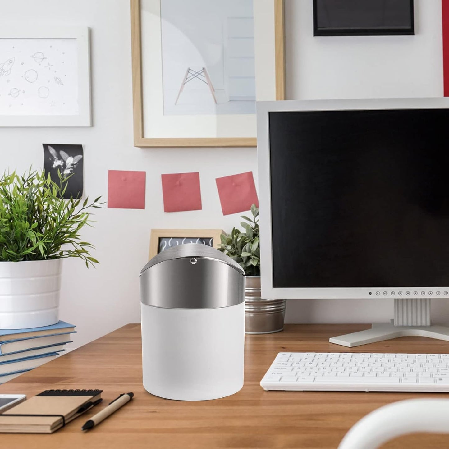 ZOOFOX 2 Pack Mini Trash Can, White Stainless Steel Garbage Bin with Swing Lid for Home, Office, and Kitchen