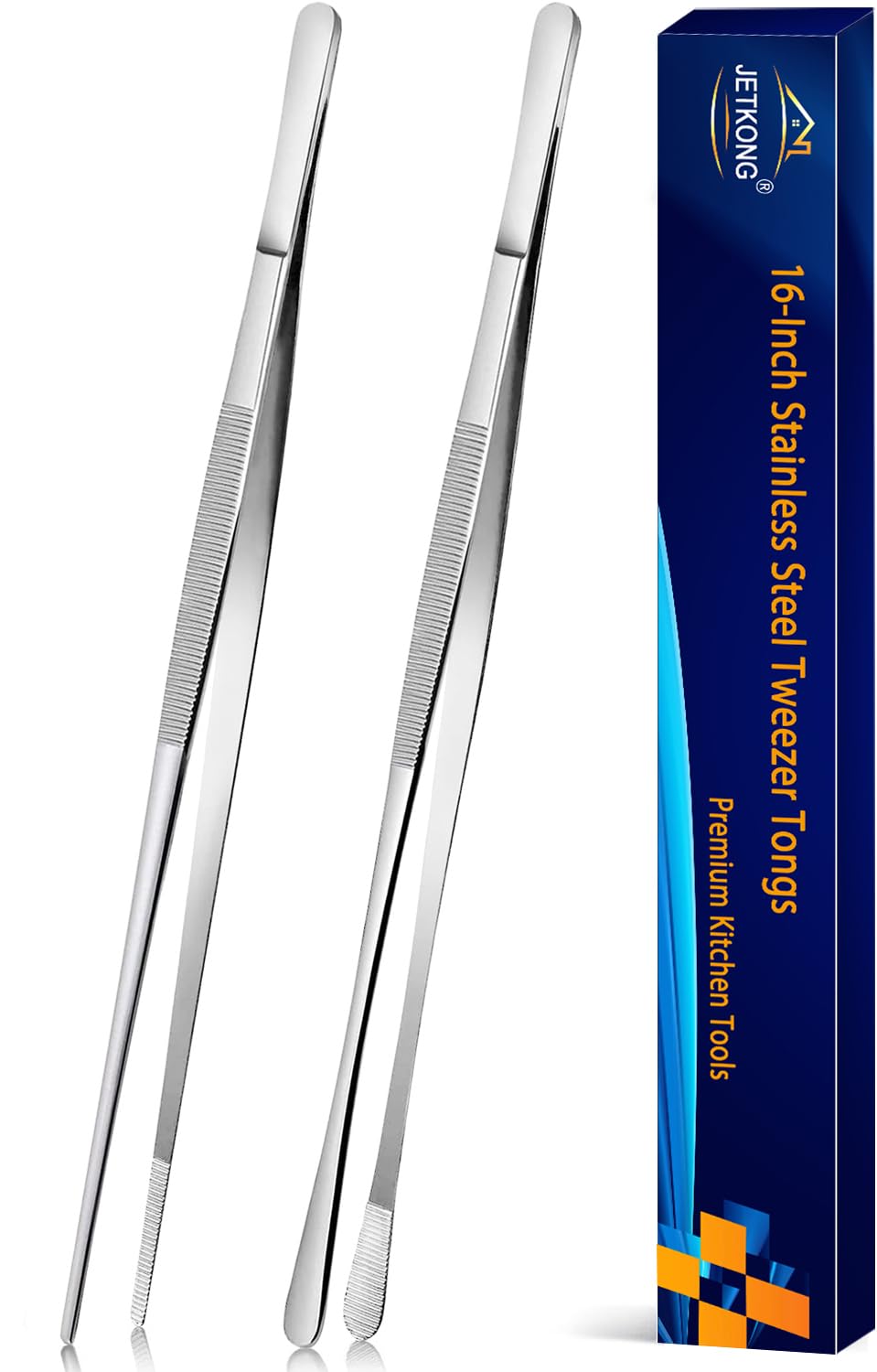 JETKONG 2 Pcs 16'' Tweezer Tongs, Extra Large Food Tweezers, Extra Long Kitchen Tweezers for Cooking Repairing and BBQ (16-Inch, Silver)