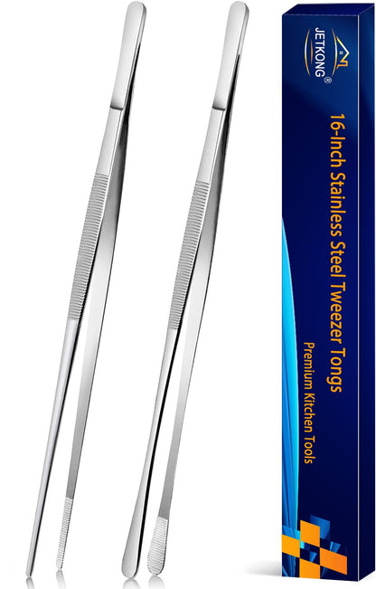 JETKONG 2 Pcs 16'' Tweezer Tongs, Extra Large Food Tweezers, Extra Long Kitchen Tweezers for Cooking Repairing and BBQ (16-Inch, Silver)