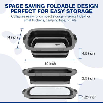 2-Pack XL Collapsible BBQ Prep Tub with Built-In Cutting Board, Lid & Strainer – Marinate, Drain & Prep – Large Food-Safe Container – Perfect for Grilling, Smoking & Outdoor Cooking (Black)