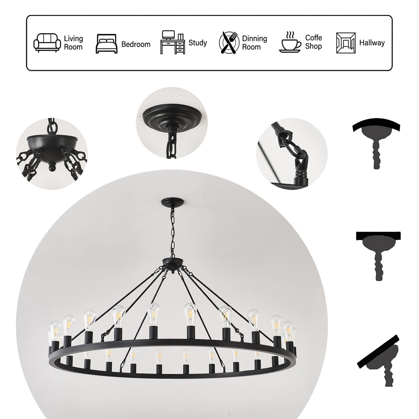 53” Large Farmhouse Wagon Wheel Chandelier,Black Rustic Chandelier 24-Lights,Round Dining Room Light with Adjustable Height,Industrial Ceiling Light Fixtures for Kitchen,Foyer,Porch,Living room