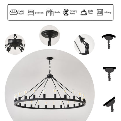 53” Large Farmhouse Wagon Wheel Chandelier,Black Rustic Chandelier 24-Lights,Round Dining Room Light with Adjustable Height,Industrial Ceiling Light Fixtures for Kitchen,Foyer,Porch,Living room