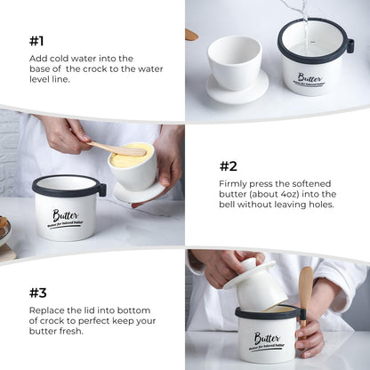 Butter Crock French Butter Dish with Lid and Knife for Countertop - Keeps Butter Soft and Fresh for 2-5 Weeks, White