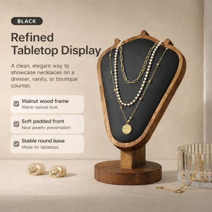 kaysqdxssy Necklace Display Stand, Walnut Wood Jewelry Holder with Soft Padded Leather Panel, Tabletop Necklace Organizer for Dresser, Vanity, Boutique Display (Black)