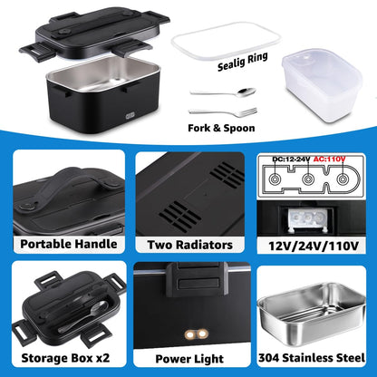 Nifogo Electric Lunch Box for Adults 80W Portable Heated Lunch Box for Men 3 in 1 Portable Food Warmer 110V/12V/24V with 1,8L Removable Stainless Steel Container & Bag(Black)