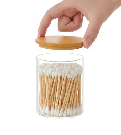 INIUNIK 4 Pack Glass Qtip Holder Dispenser Glass Apothecary Jars with Lids Cotton Ball Swab Pad Holder Bathroom Essential Canisters Accessories Jars for Bathroom Organization Vanity Organizers
