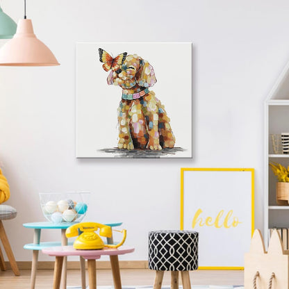 24"x24" SEVEN WALL ARTS Dog Canvas Wall Art Colorful Animal Picture Pet Puppy Butterfly Alighted on Dog Paintings