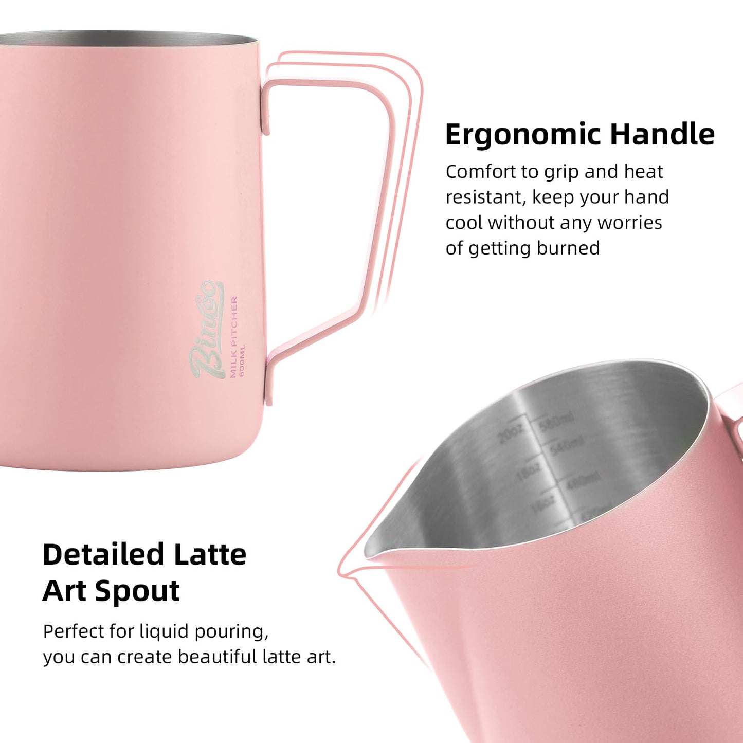 Pink Milk frother - 600ml Milk Frothing Pitcher, Milk Frother Cup Espresso Steaming Pitcher for Barista, Bincoo SUS304 Stainless Steel Espresso Steaming Pitchers for Latte Art/Cappuccino/Coffee/Milk