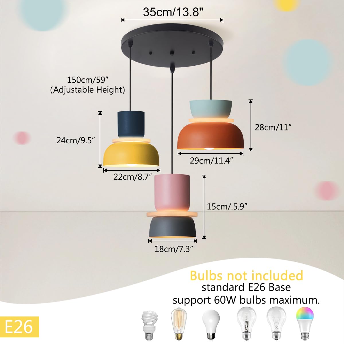 Qufute Nordic Modern Pendant Light Macaron Color Mid Century Hanging Light Fixture with Aluminum Shade Colorful Chandelier Ceiling Pendant Lights for Dining Room Kitchen (3-Light)
